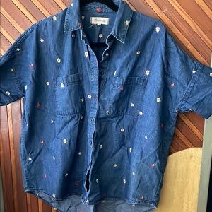 Madewell Navy Floral Embroidered Button-Up